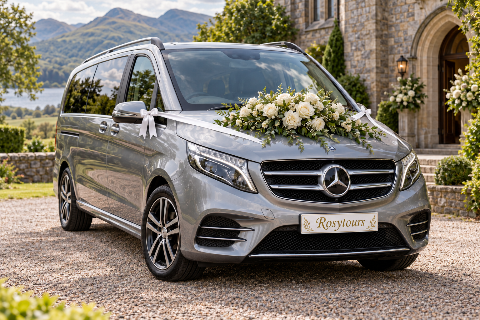 Silver Mercedes with white wedding ribbons, a bouquet and Rosytours front plate