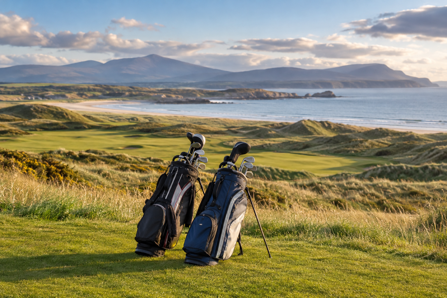 Golf bags on a Scottish links course