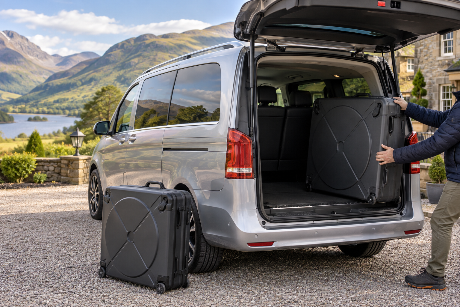 Square bicycle cases being loaded into a silver Mercedes V-Class