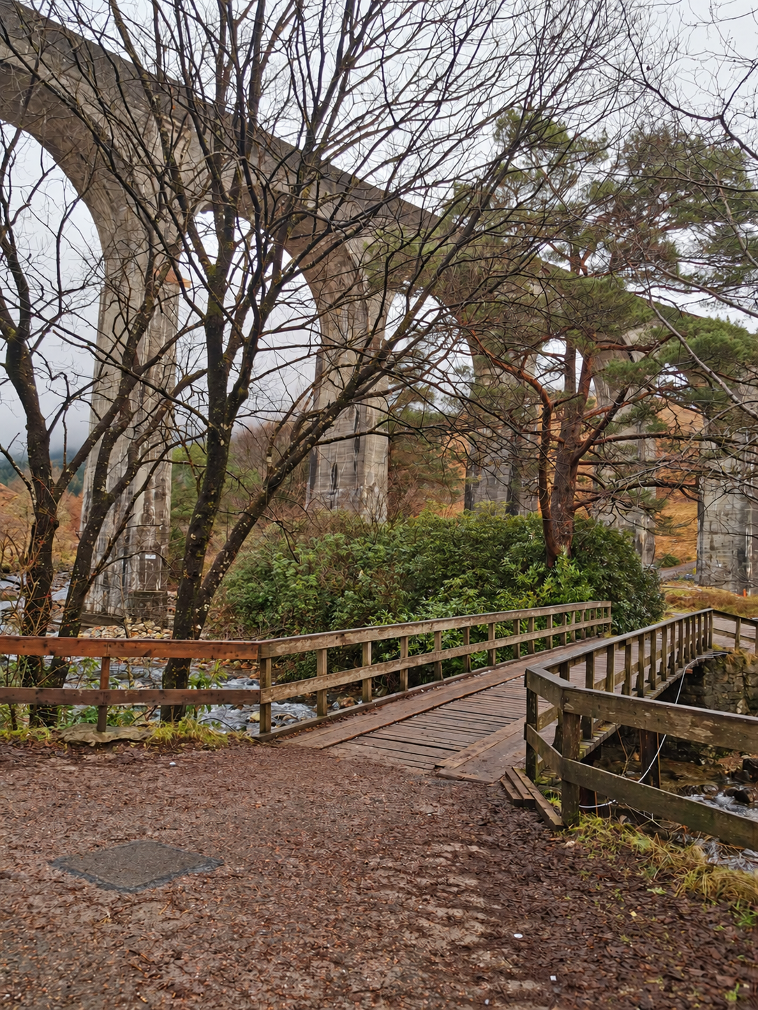 The footbridge beneath the arches of Glenfinnan Viaduct.